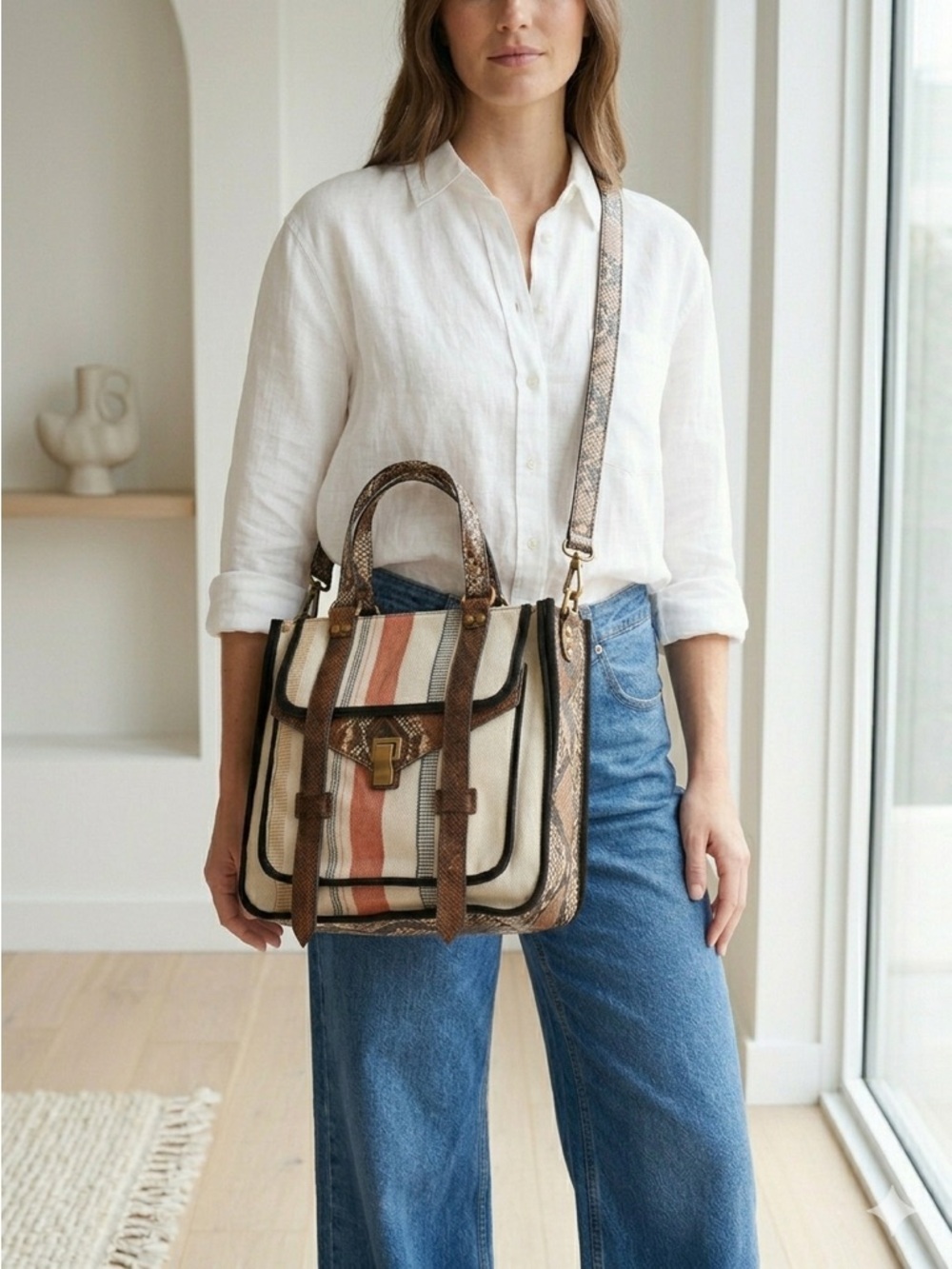 Proenza Schouler Neutral Striped Canvas & Python Leather PS1 Tote Bag NWT